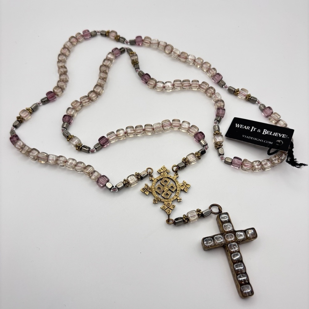 VSA Virgins Saints & Angels Cross Necklace Beaded Chain 32"